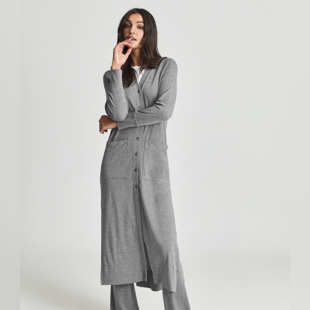 Riess Tess Longline Grey Button-Up V-Neck Jersey Cardigan‎ Size Small